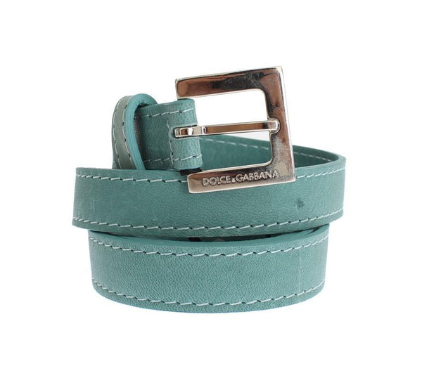 Green Leather Silver Buckle Logo Belt