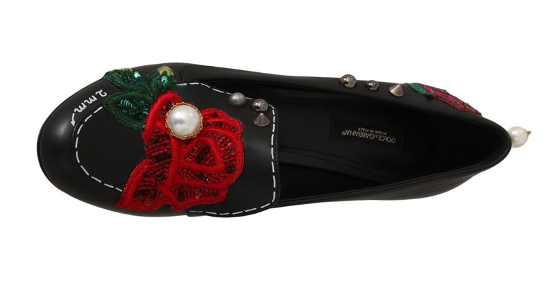 Black Leather Pearls Studs Moccasins