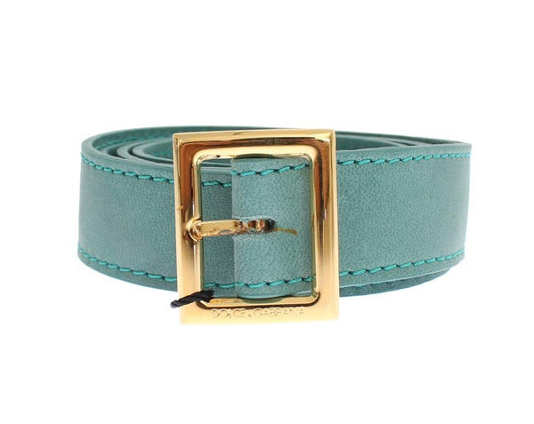 Green Leather Gold Buckle Logo Belt