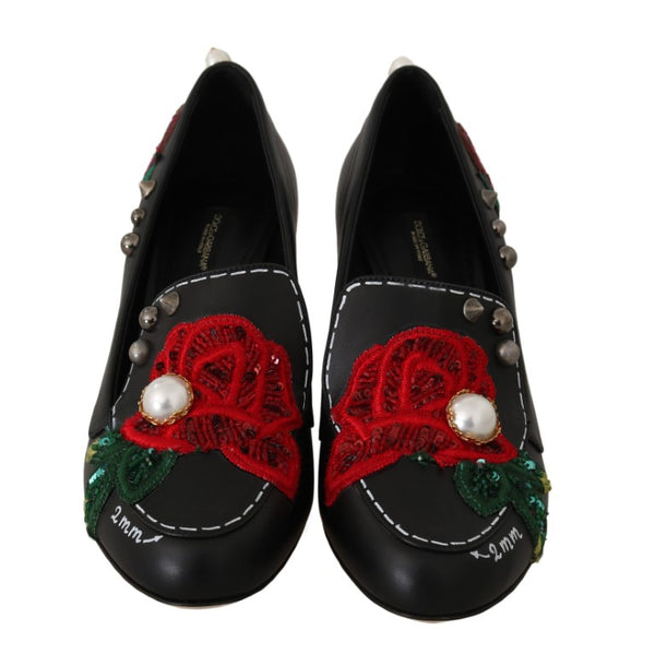 Black Leather Pearls Studs Moccasins