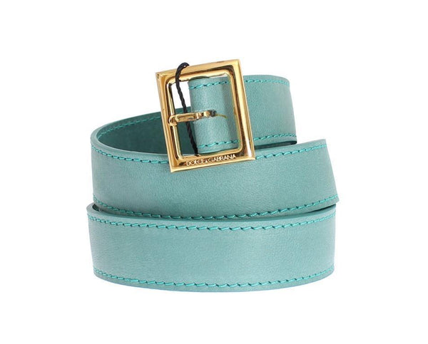 Green Leather Gold Buckle Logo Belt