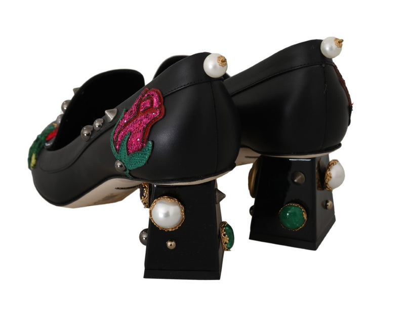 Black Leather Pearls Studs Moccasins