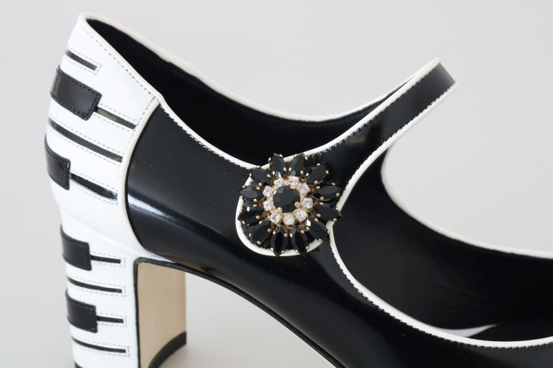 Black Leather Mary Janes Crystals Pumps