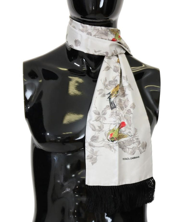 White Silk Bird Print Scarf