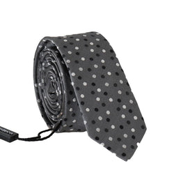 Gray Silk Black White Polka Dot Slim Tie