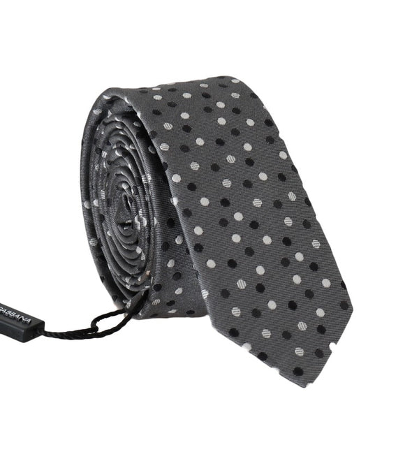 Gray Silk Black White Polka Dot Slim Tie