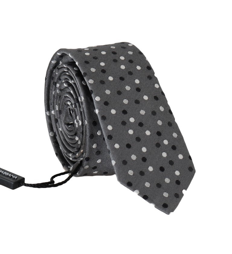 Gray Silk Black White Polka Dot Slim Tie
