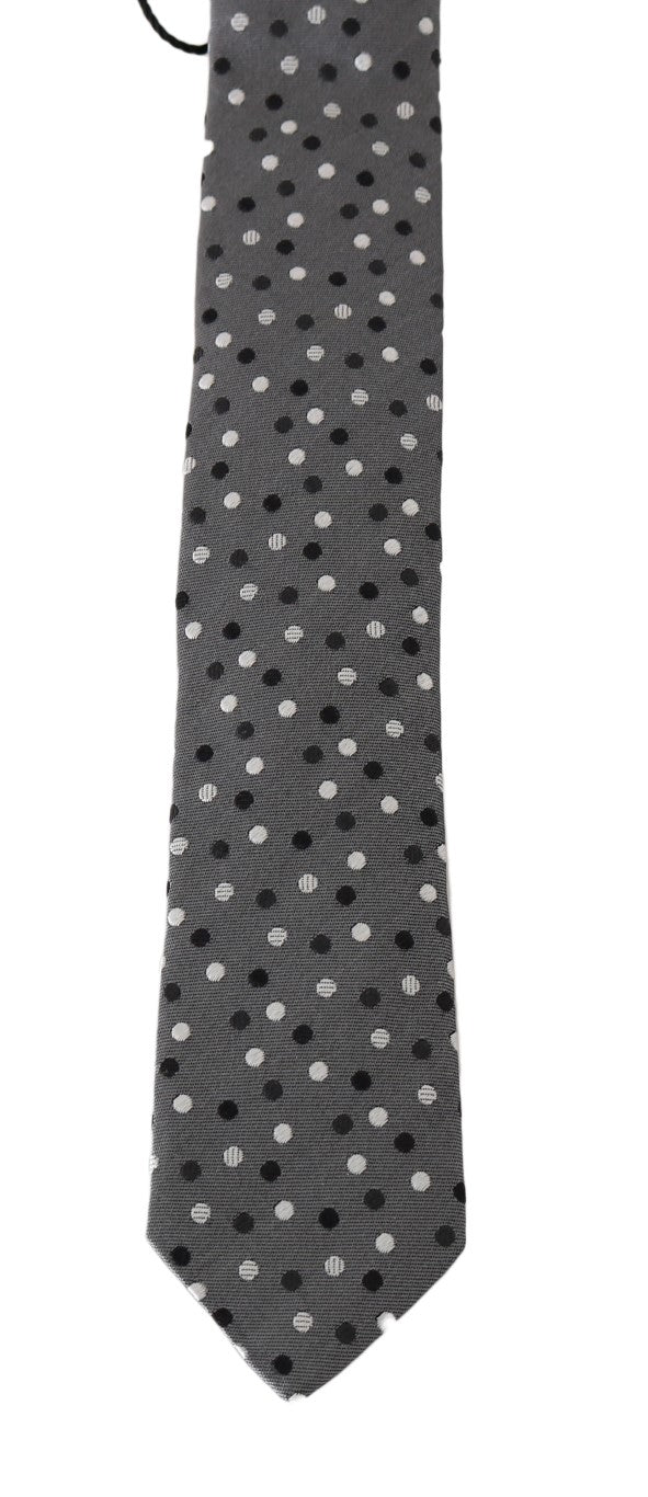 Gray Silk Black White Polka Dot Slim Tie
