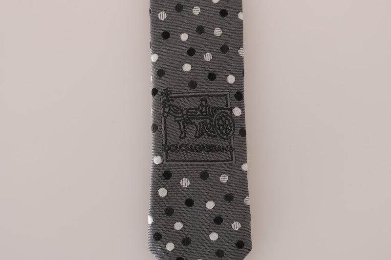 Gray Silk Black White Polka Dot Slim Tie