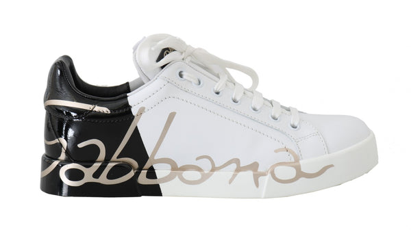 Black White Gold Logo Leather Women Sneakers