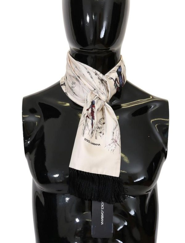 White Silk Bird Print Scarf