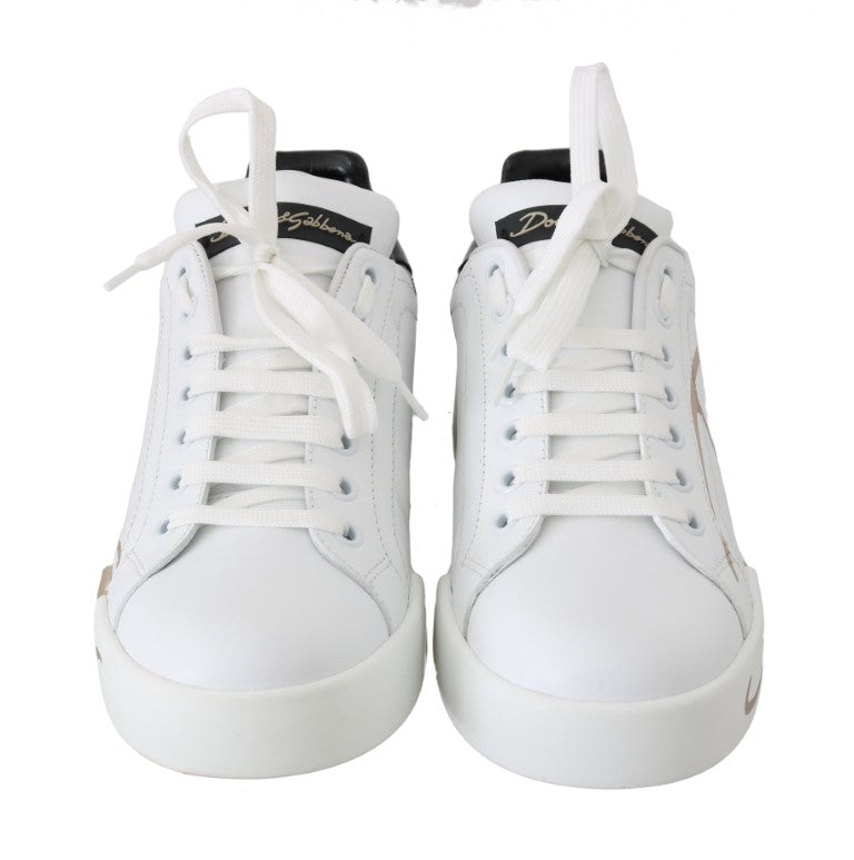 Black White Gold Logo Leather Women Sneakers