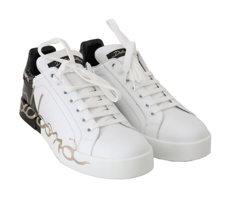 Black White Gold Logo Leather Women Sneakers