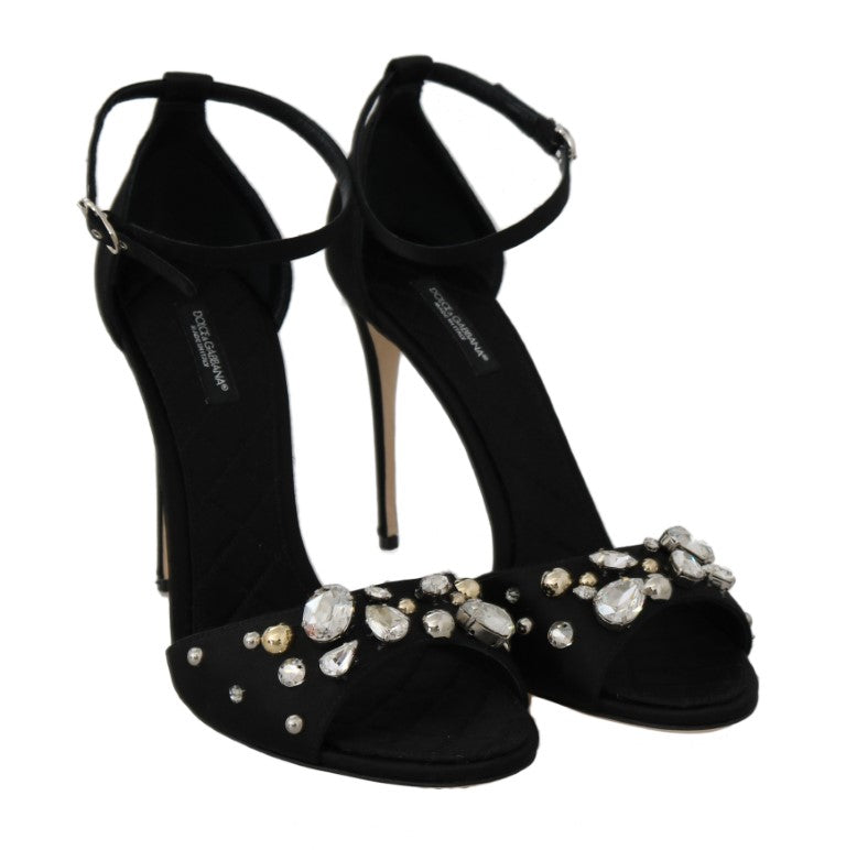Black Silk Lace Crystal Heels Sandal