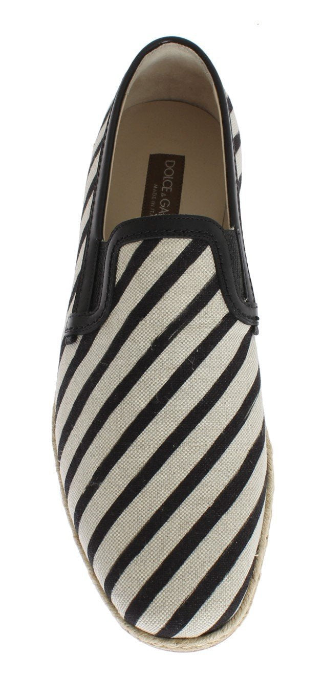 White Black Canvas Striped Logo Loafers