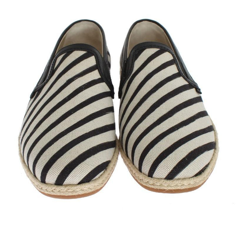 White Black Canvas Striped Logo Loafers