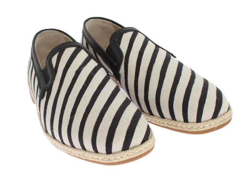 White Black Canvas Striped Logo Loafers