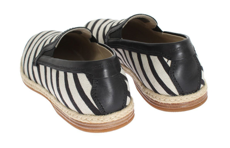 White Black Canvas Striped Logo Loafers