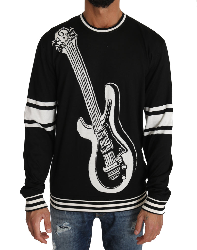 Black Cotton Guitar Crewneck Pullover Sweater