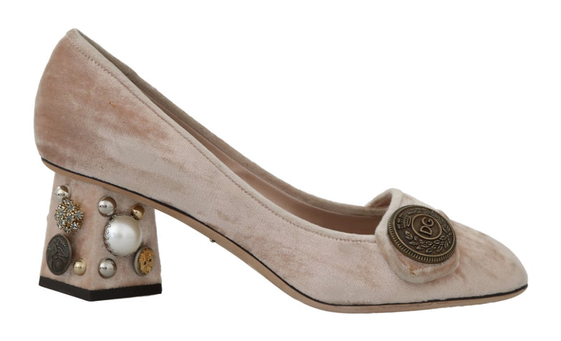 Beige Velvet Crystals DG Logo Pumps