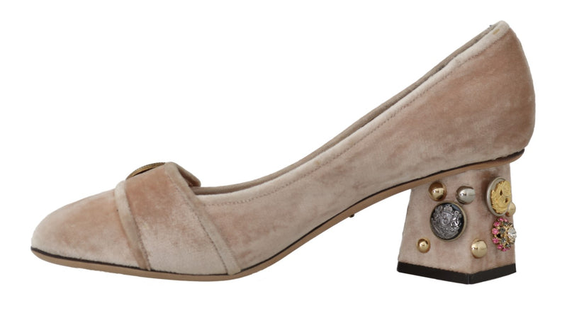 Beige Velvet Crystals DG Logo Pumps