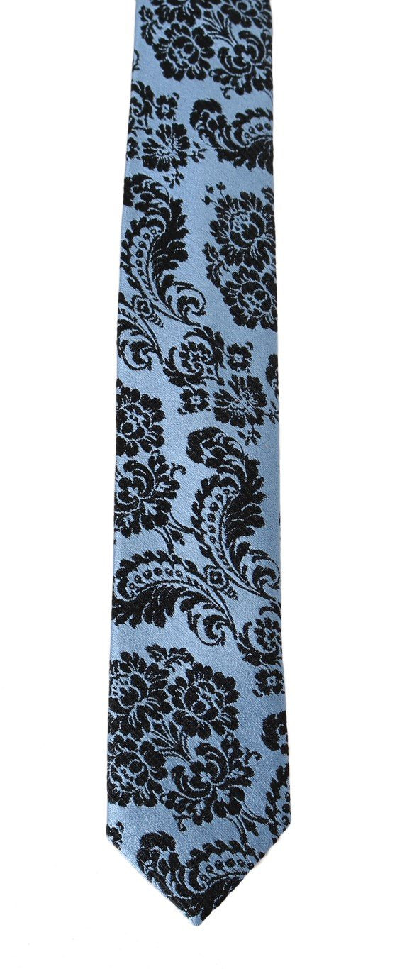 Blue Silk Black Print Slim Tie