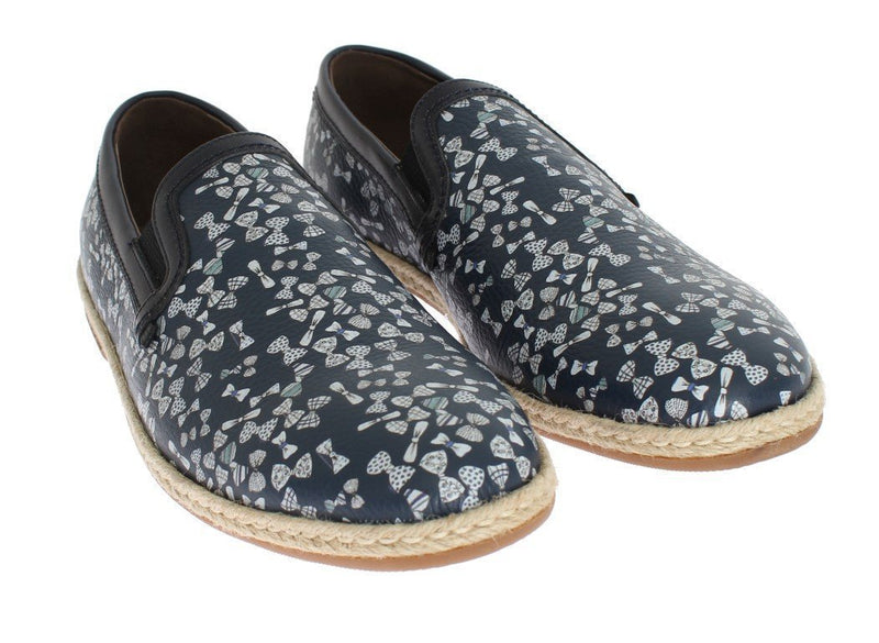 Blue Leather Bowtie Pattern Loafers