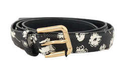 Black Leather Floral Gold Logo Buckle Belt