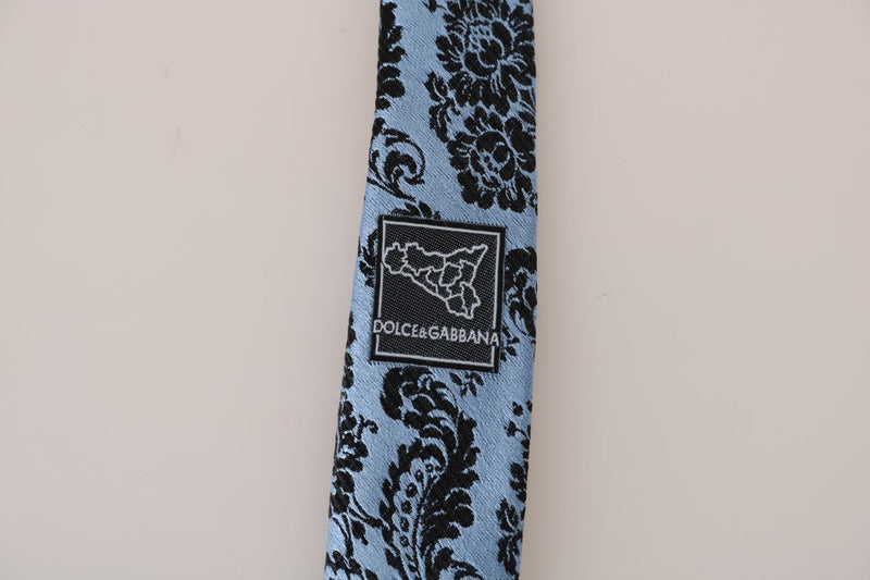 Blue Silk Black Print Slim Tie