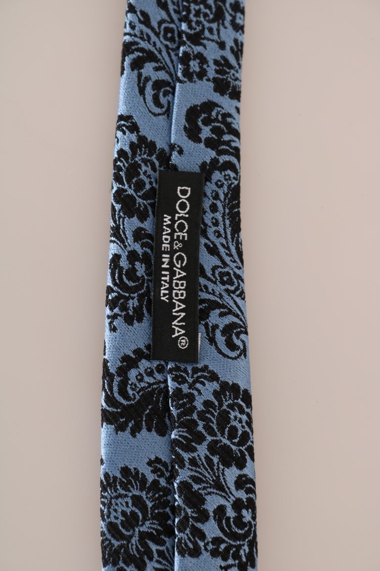 Blue Silk Black Print Slim Tie
