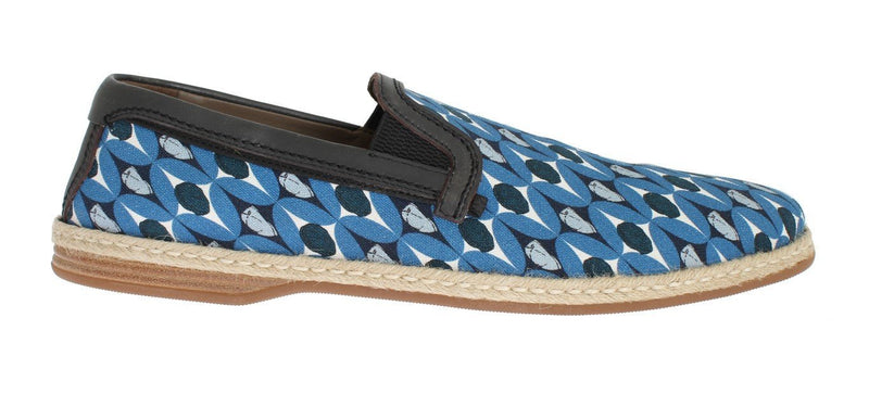 Blue Canvas Leather Pattern Loafers