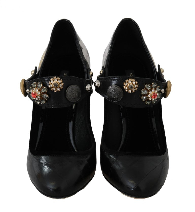 Black Leather Crystal Studs Mary Jane Shoes