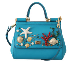 Blue Leather Shoulder MISS SICILY Crystal Seashell Purse