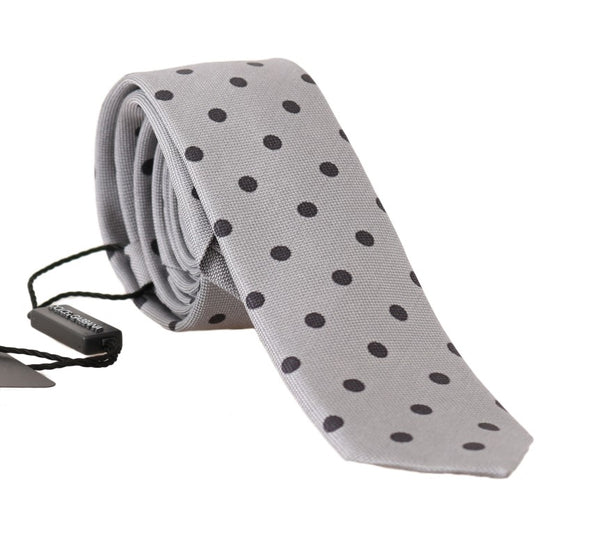Gray Silk Black Polka Dot Print Slim Tie