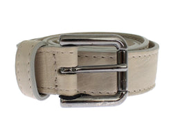 Beige Leather Silver Buckle Logo Belt