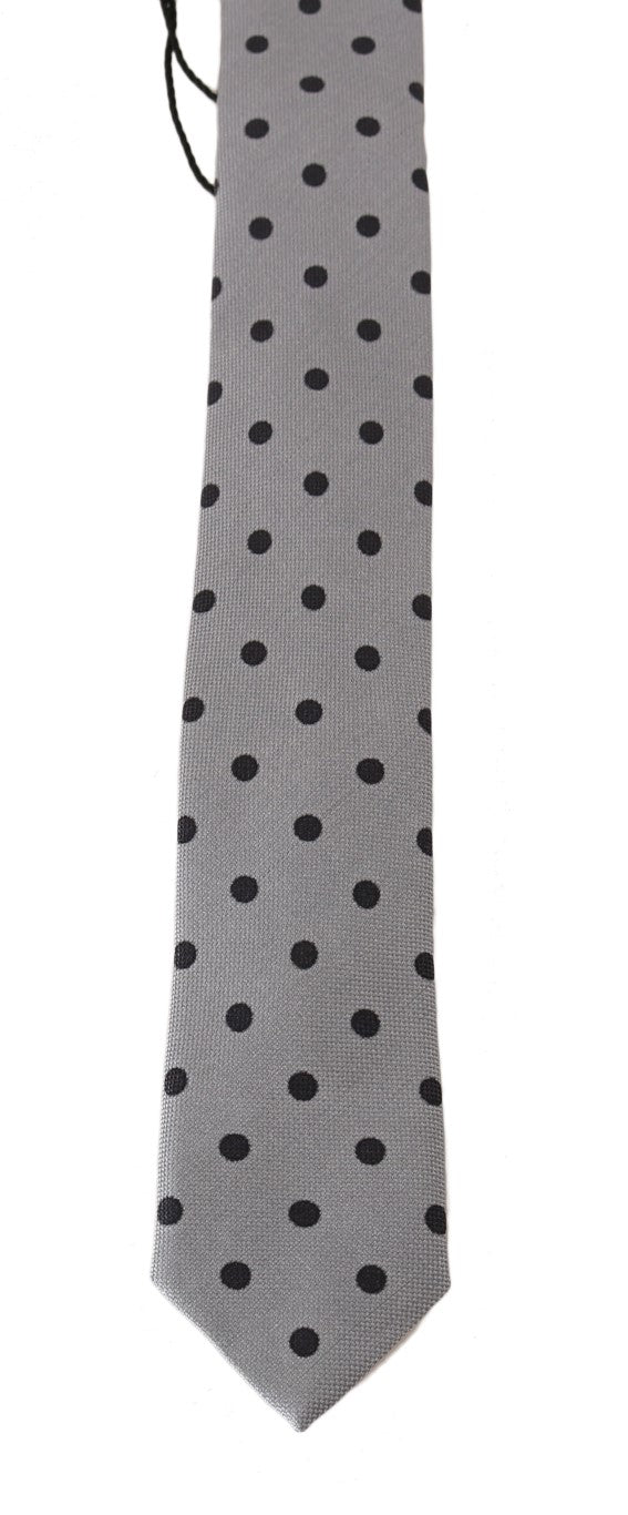Gray Silk Black Polka Dot Print Slim Tie