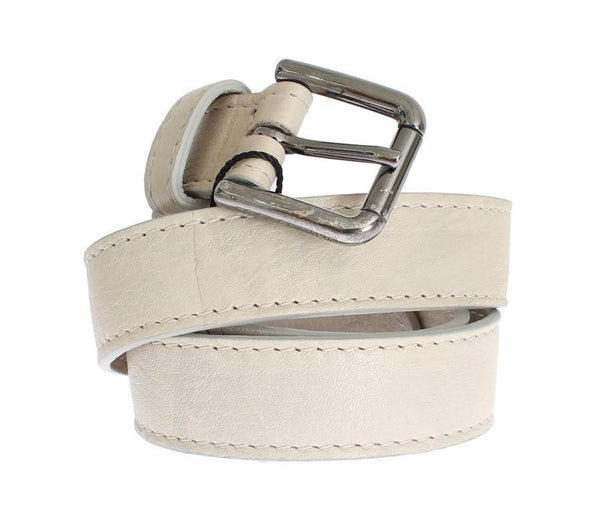 Beige Leather Silver Buckle Logo Belt