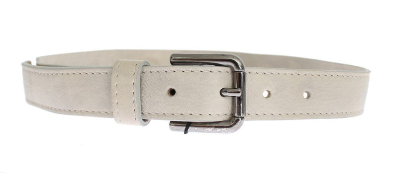 Beige Leather Silver Buckle Logo Belt