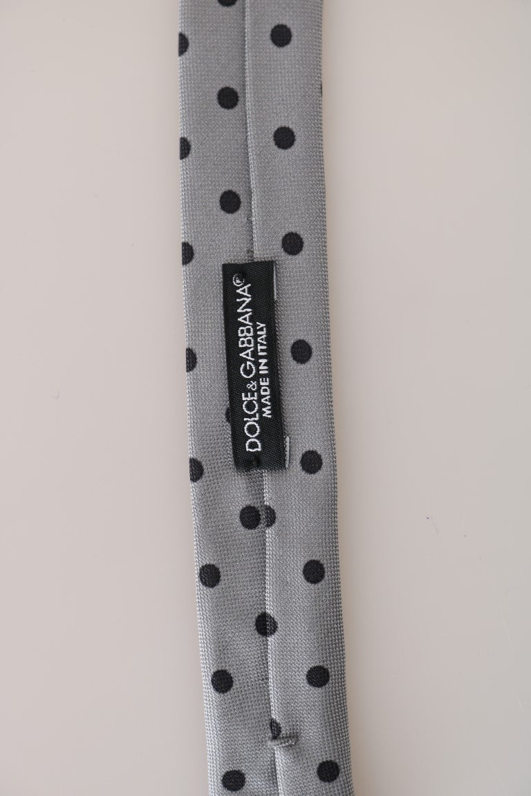 Gray Silk Black Polka Dot Print Slim Tie