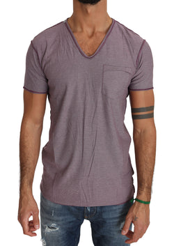 Purple Cotton Striped Pattern V-neck T-shirt