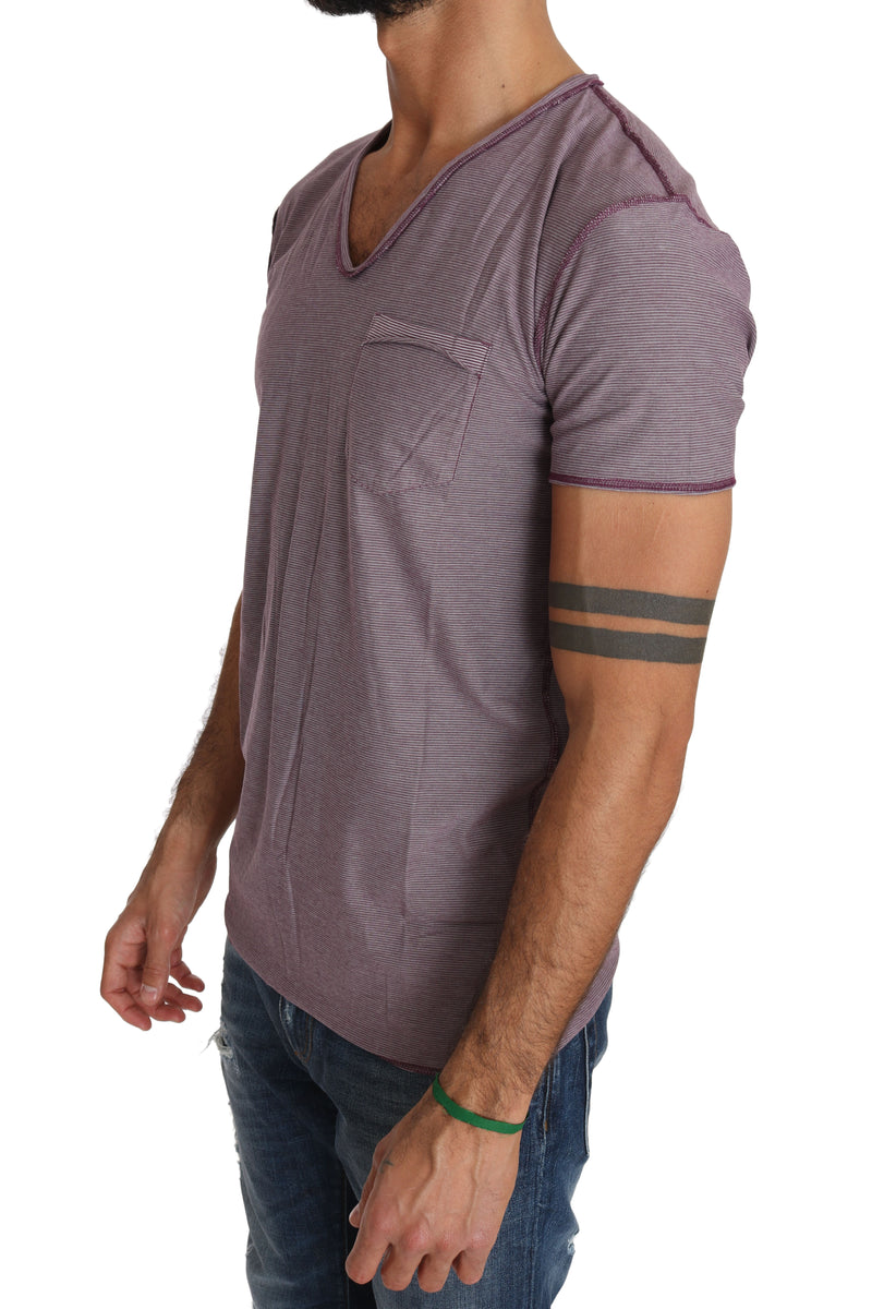 Purple Cotton Striped Pattern V-neck T-shirt