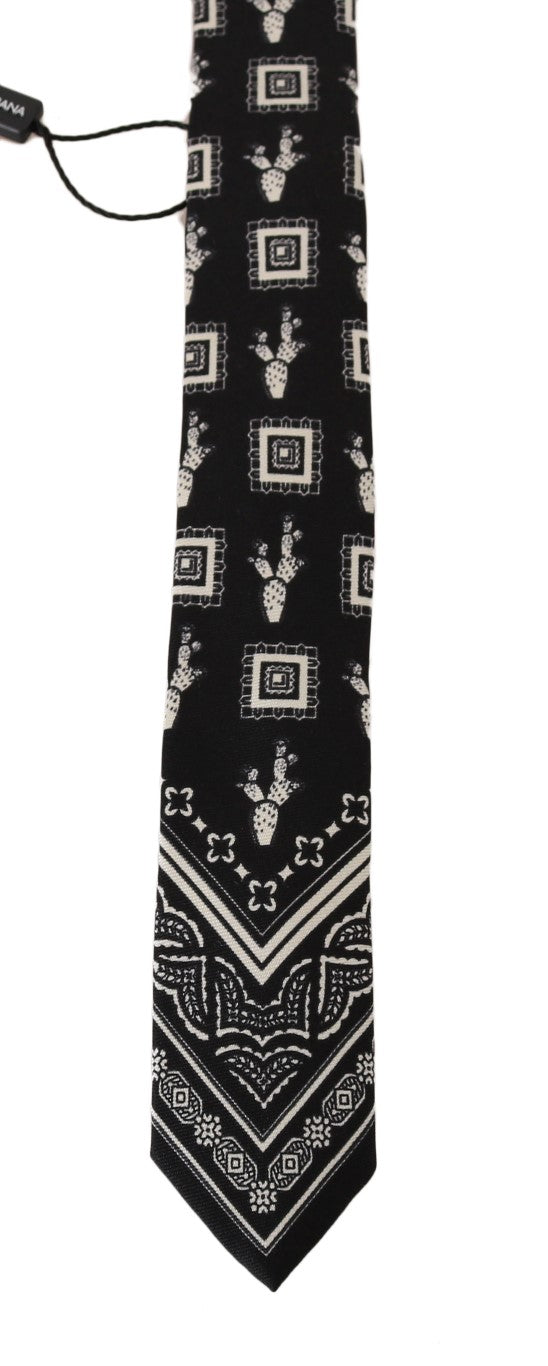 Black Silk White Cactus Print Tie