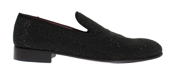 Black Suede Leather Crystal Loafers