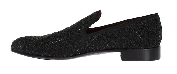 Black Suede Leather Crystal Loafers