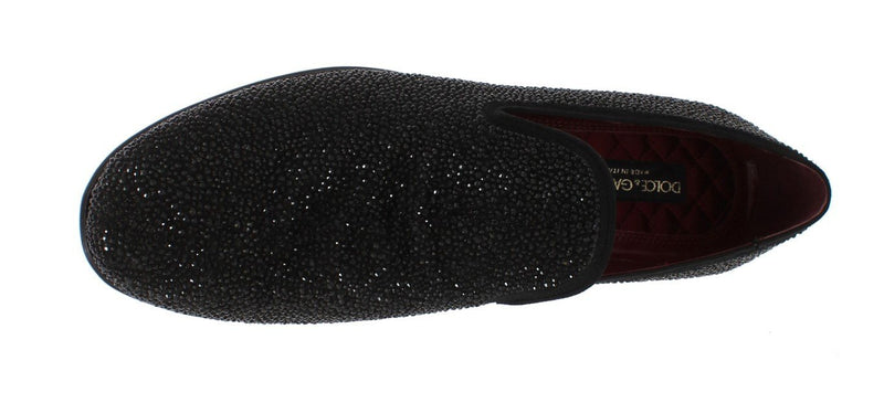 Black Suede Leather Crystal Loafers