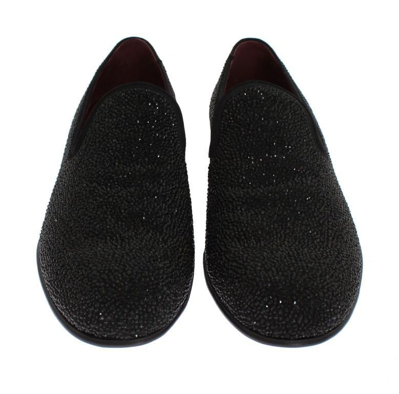 Black Suede Leather Crystal Loafers