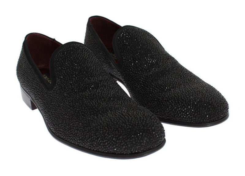 Black Suede Leather Crystal Loafers