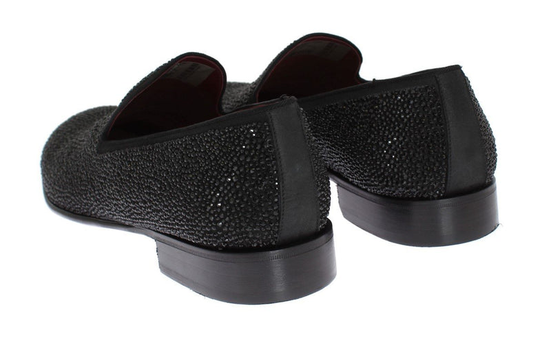 Black Suede Leather Crystal Loafers