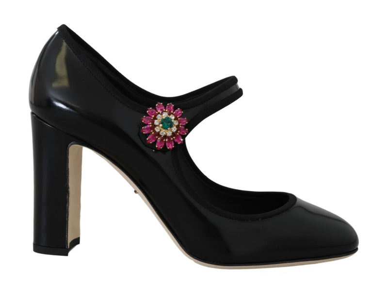 Black Leather Crystal Heels Mary Jane Shoes