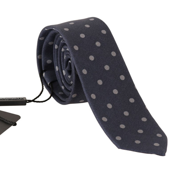 Blue Silk Gray Polka Dot Print Slim Tie